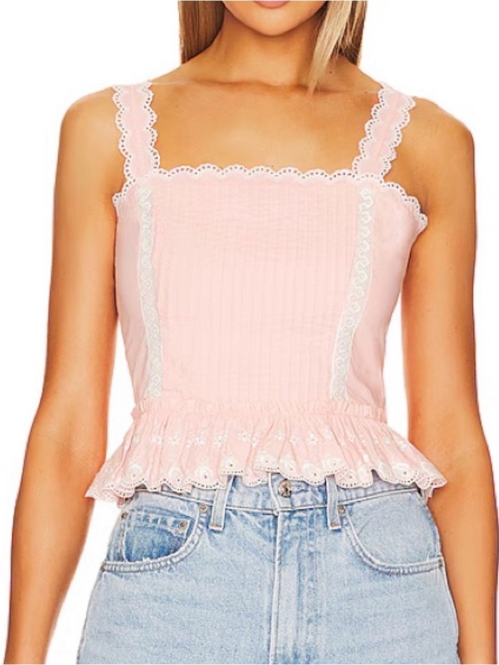 LoveShackFancy Pink Lace-Trim Peplum Tank Top